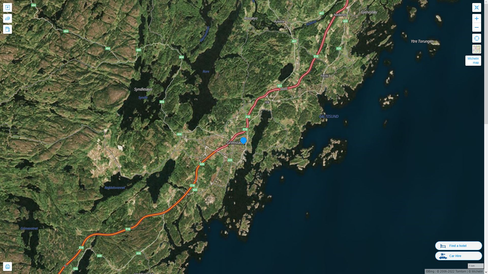 Grimstad Norvege Autoroute et carte routiere avec vue satellite